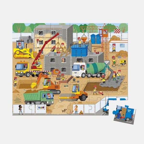 Puzzle santierul de constructii, Janod, cutie tip gentuta, 36 piese