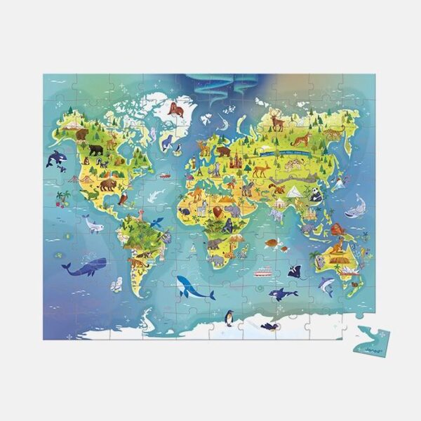Puzzle lumea, Janod, cutie tip gentuta, 100 piese