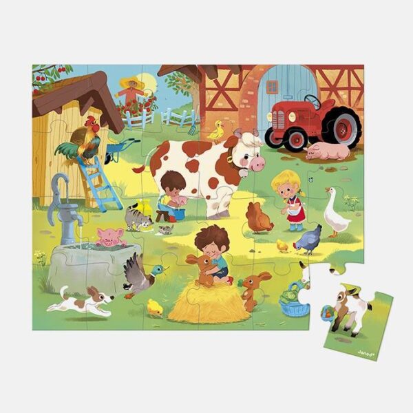 Puzzle O zi la ferma, Janod, 24 piese, 3 ani+