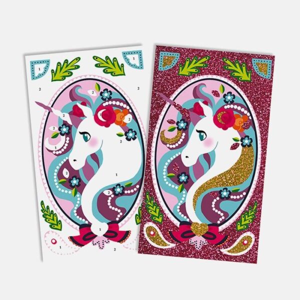 Set creativ, Janod, Glitter Unicorn, 3 carduri, 7 ani+