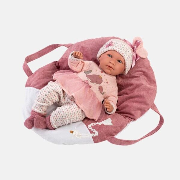 Papusa Llorens, Mimi, cu salteluta roz portabila, cu sunete, 42 cm