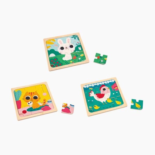 Set 3 puzzle din lemn, Janod, 27 piese, 2 ani+