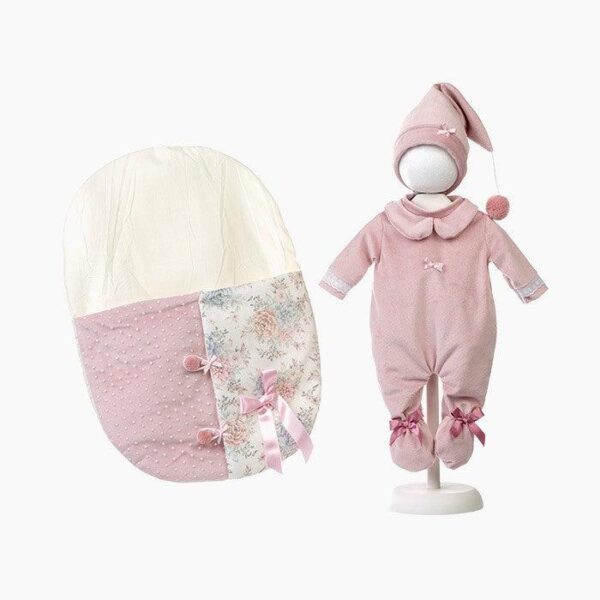 Imbracaminte Llorens, Bebelusi 44 cm, cu saculet de dormit roz, 3 piese