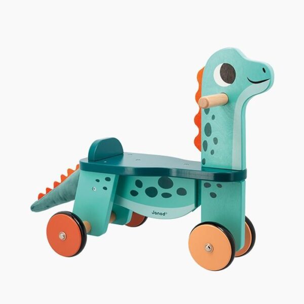 Bicicleta cu 4 roti, Janod, Dinozaur, din lemn, 1 an+