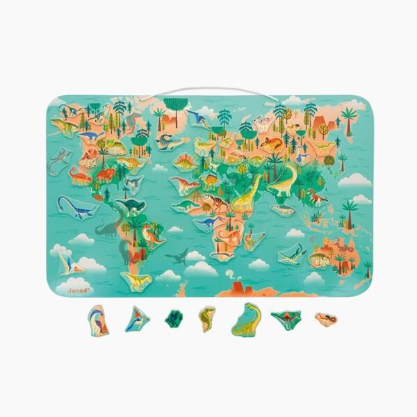 Puzzle magnetic, Janod, harta lumii cu dinozauri, 50 magneti, 7 ani+