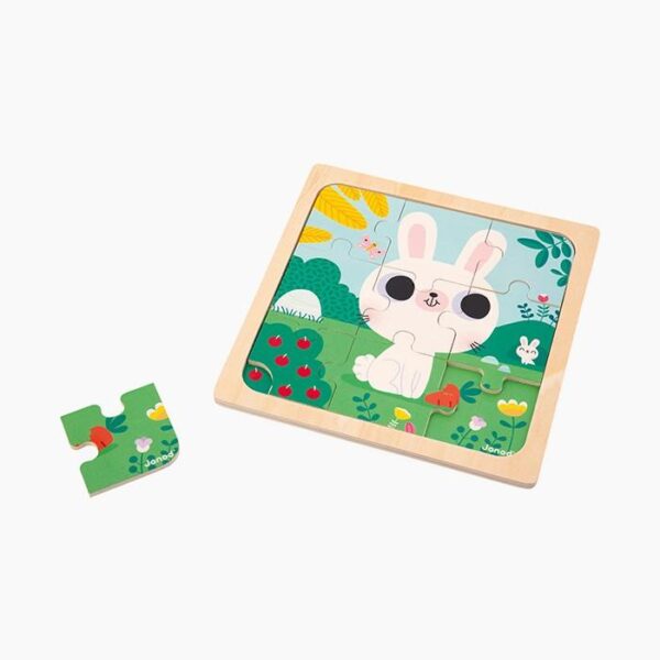 Puzzle din lemn, Janod, iepurasul alb, 9 piese, 2 ani+