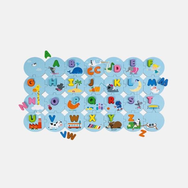 Puzzle educativ, Janod, invata alfabetul, din lemn, 28 piese