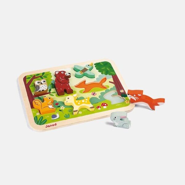 Puzzle din lemn 3D, Janod, cu animale din padure, 7 piese, 18  luni+