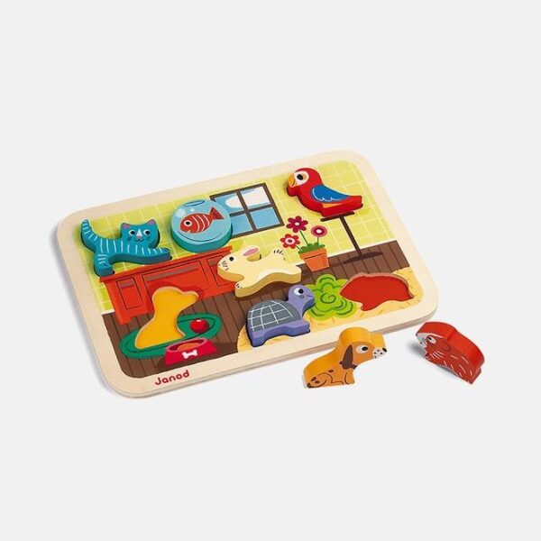 Puzzle din lemn 3D, Janod, cu animale, 7 piese, 18 luni+