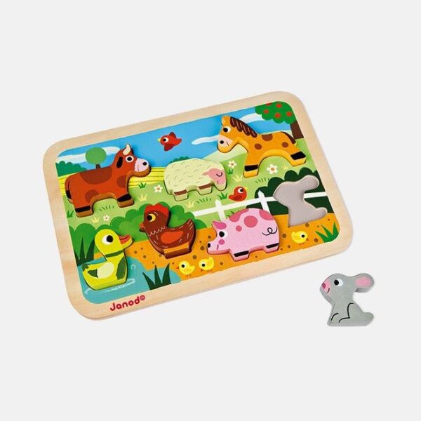 Puzzle din lemn 3D, Janod, cu animale de la ferma, 7 piese, 18 luni+