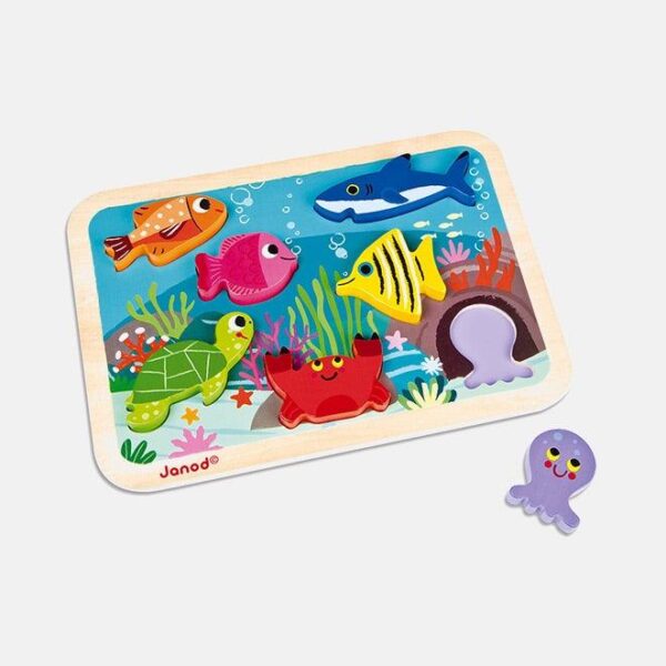 Puzzle din lemn 3D, Janod, cu animale marine, 7 piese, 18 luni+