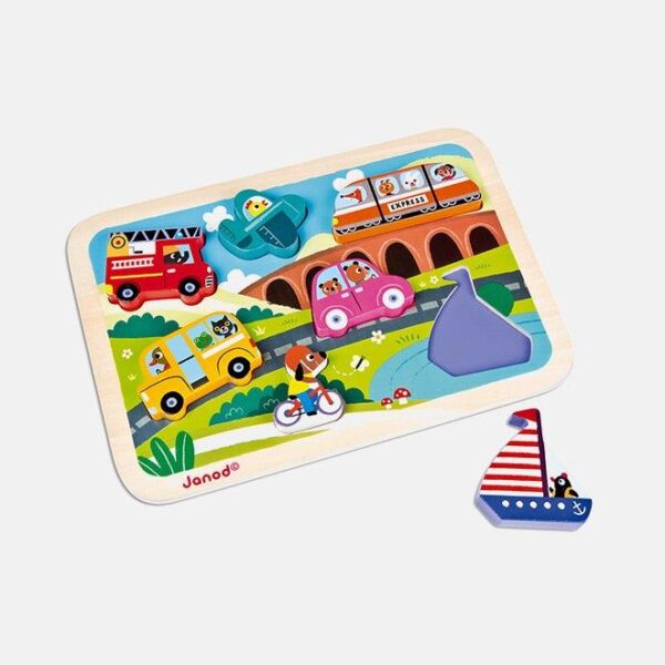 Puzzle din lemn 3D, Janod, cu vehicule, 7 piese, 18 luni+