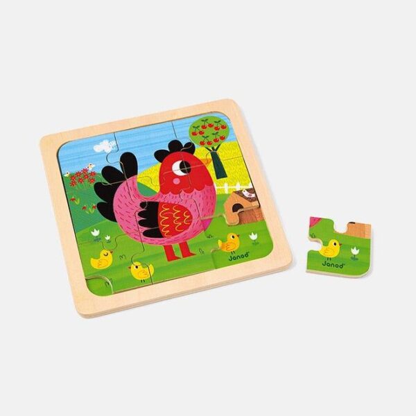 Puzzle din lemn, Janod, puisor, 9 piese, 18 luni+