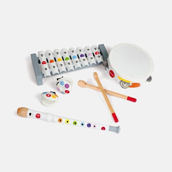 Set muzical, Janod, Confetti, 5 instrumente, din lemn, alb