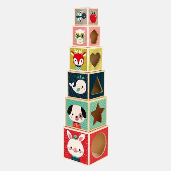 Set piramida, Janod, animalute salbatice, din lemn, 6 cuburi