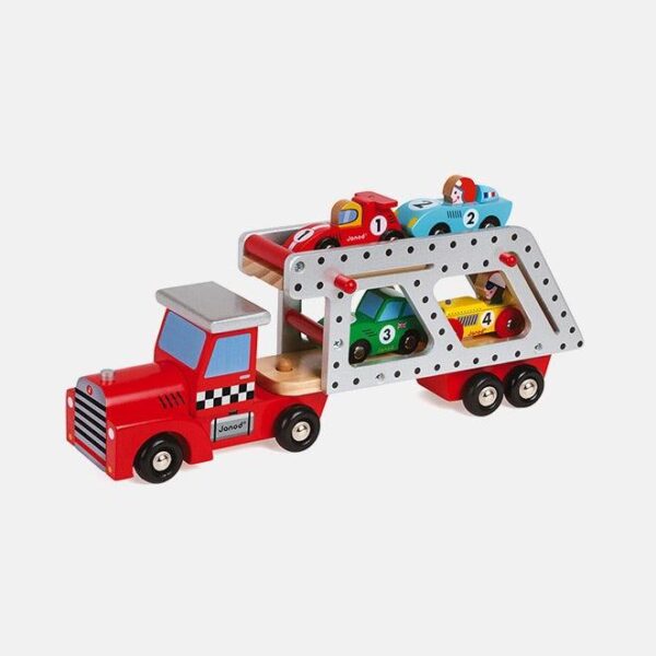 Camion transportor, Janod, din lemn, cu 4 masinute