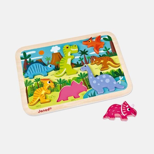 Puzzle din lemn 3D, Janod, cu dinozauri, 7 piese, 18 luni+