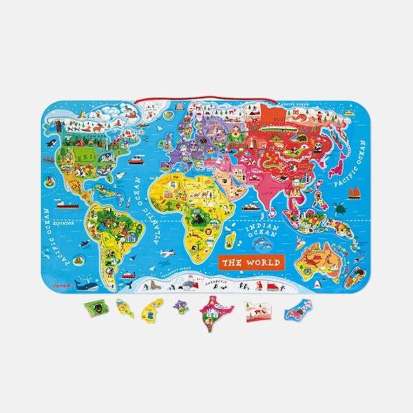 Puzzle cu magnet, Janod, Ocolul pamantului, 92 magneti
