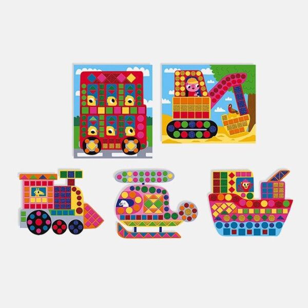 Set creativ mozaic, Janod, vehicule, 5 carduri, 3 ani+