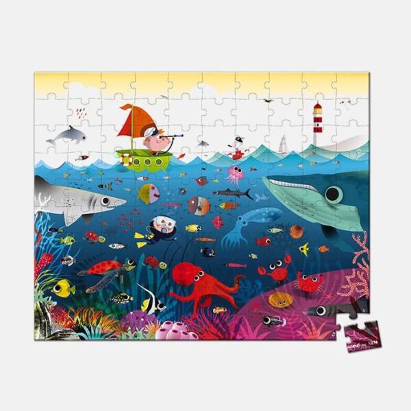 Puzzle lumea subacvatica, Janod, cu cutie gentuta, 100 piese
