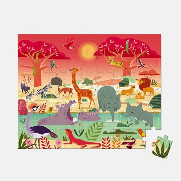 Puzzle rezervatie de animale, Janod, cu cutie gentuta, 54 piese