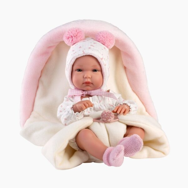 Papusa Llorens, Bimba, cu saculet de dormit pufos, 35 cm