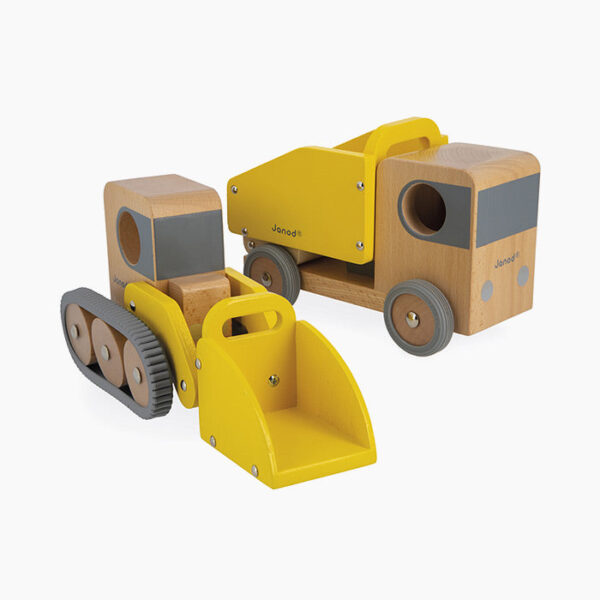 Set camion si buldozer, Janod, din lemn, galben, 2 ani+