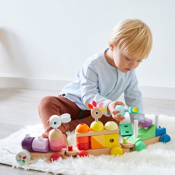 Trenulet tip puzzle, Janod, cu animalute, din lemn, 12 luni+