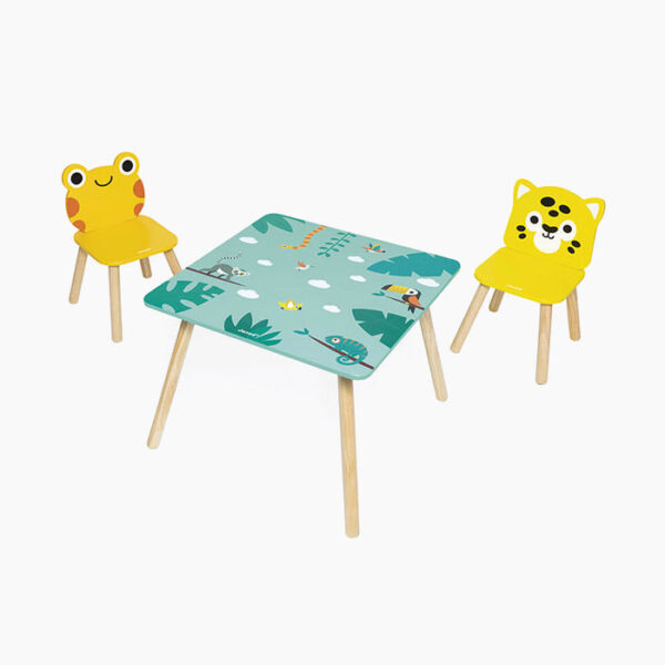 Set mobilier, Janod, Tropical, masa cu doua scaune, 57 cm, 3 ani+