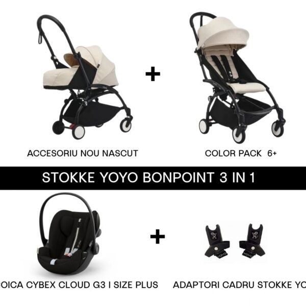 Carucior 3in1 pentru copii YOYO®Bonpoint cu pachet nou nascut si scoica CYBEX CLOUD G3 I Size Plus